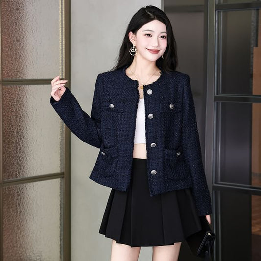 Crewneck Button-Up Plaid Tweed Crop Jacket