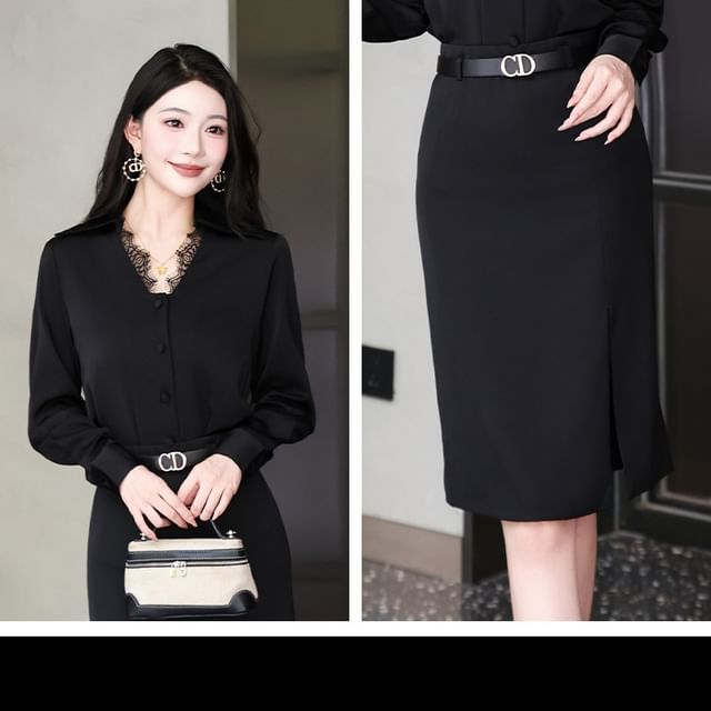 Long-Sleeve Lace Trim Button Shirt and Plain Midi Pencil Skirt Set