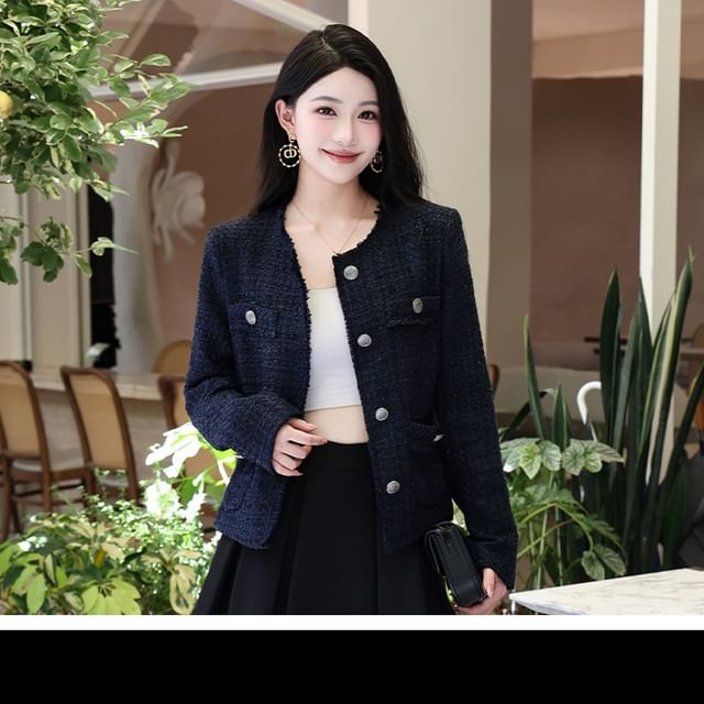 Crewneck Button-Up Plaid Tweed Crop Jacket