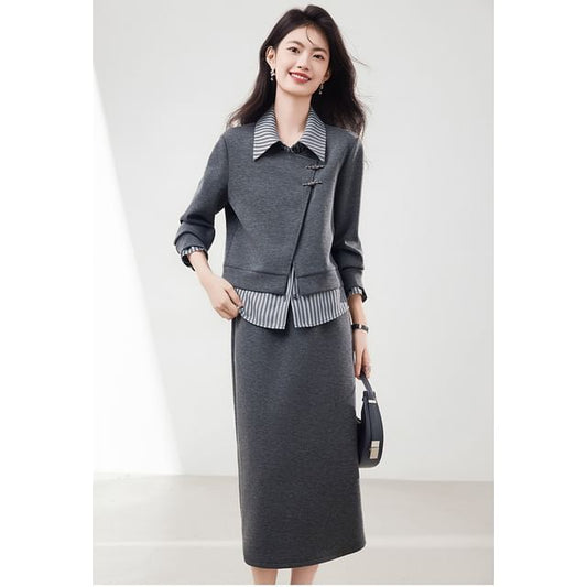 Mock Neck Striped Sweatshirt and Midi Skirt Set