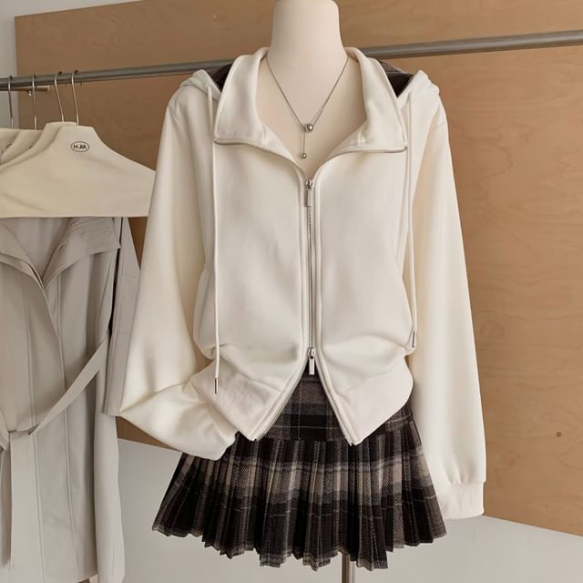 Set: Stand Collar Plaid Hoodie and Pleated Mini Skirt