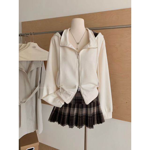 Set: Stand Collar Plaid Hoodie and Pleated Mini Skirt