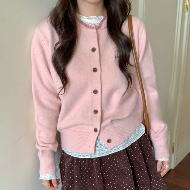 Crewneck Button-Up Plain Crop Cardigan