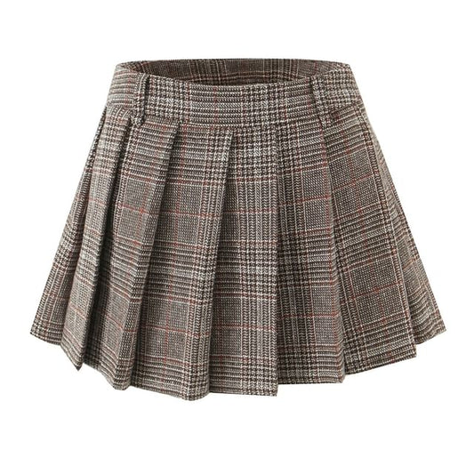 High Waist Houndstooth Pleated Mini A-Line Skirt