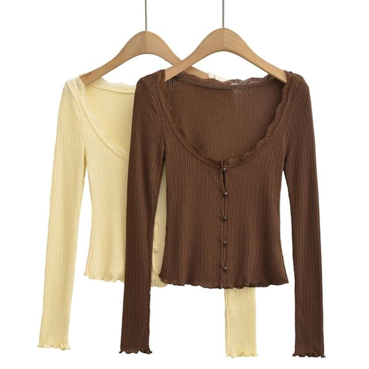 Scoop Neck Lace Trim Lettuce Edge Button-Up Crop Cardigan