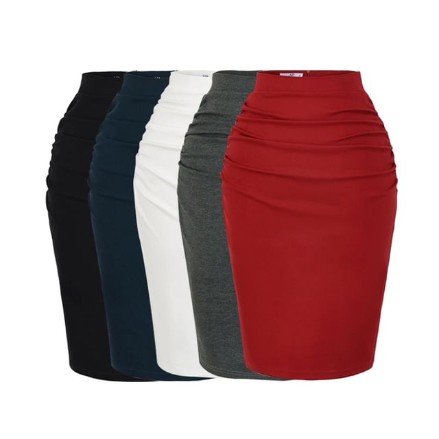 Ruched Slit Pencil Skirt High Rise