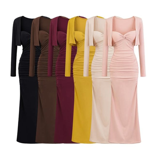 Set: Plain Open Front Crop Cardigan + Spaghetti Strap Ruched Maxi Mermaid Dress