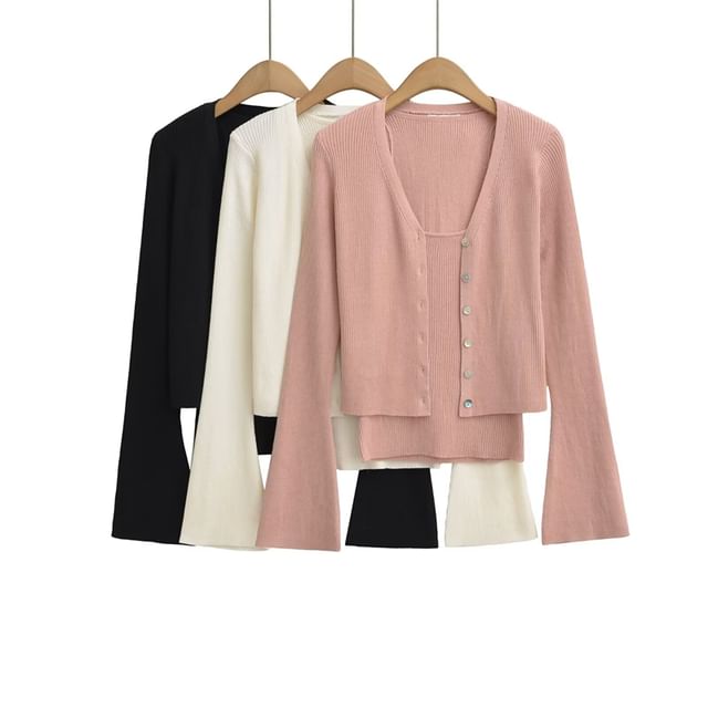 Set: V-Neck Button-Up Plain Crop Cardigan + Cami Top