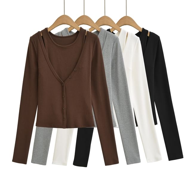 Set: Crew Neck Plain Crop Tank Top + V-Neck Button-Up Cardigan