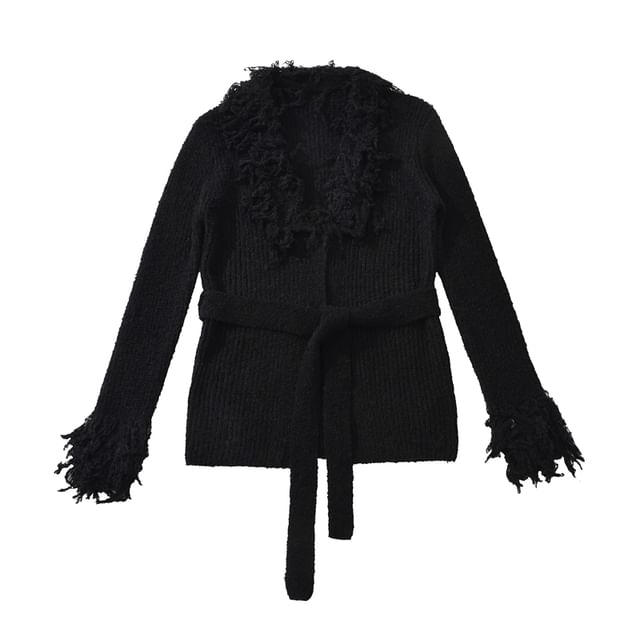 Collared Plain Fringed Tie Waist Cardigan