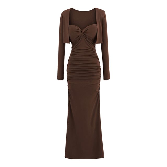 Set: Plain Open Front Crop Cardigan + Spaghetti Strap Ruched Maxi Mermaid Dress