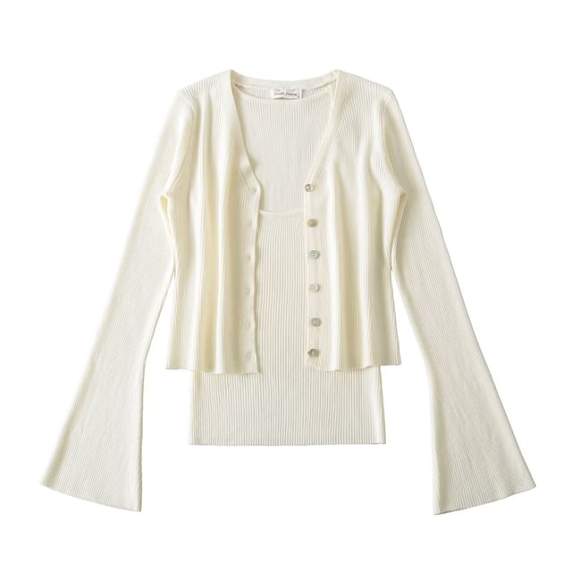 Set: V-Neck Button-Up Plain Crop Cardigan + Cami Top