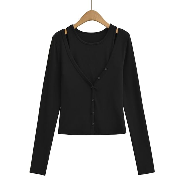 Set: Crew Neck Plain Crop Tank Top + V-Neck Button-Up Cardigan