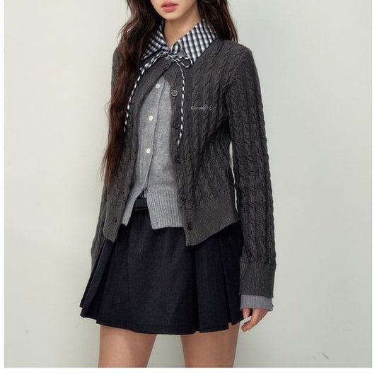 Mock Two-Piece Plaid Collar Bow Cable Knit Cardigan