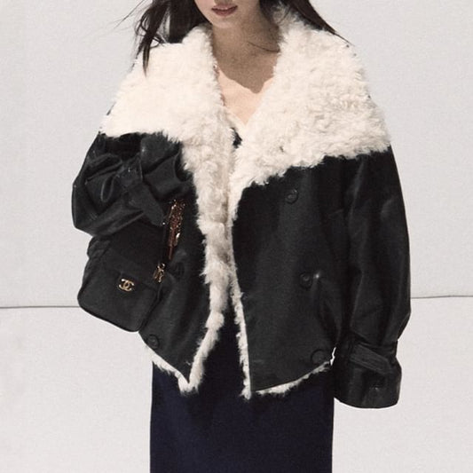 Collar Two Tone Fleece-Lined Double-Breasted Jacket