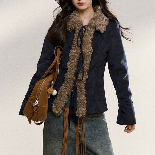 Collar Fluffy Trim Tie Front Jacket
