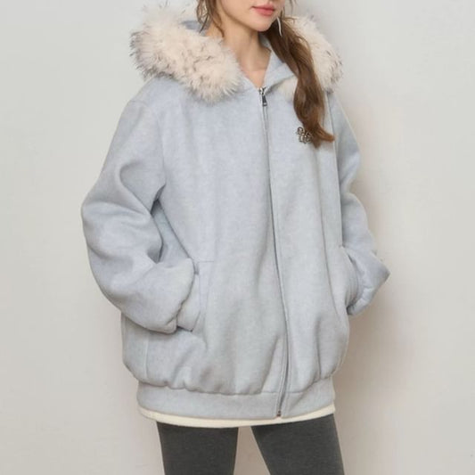 Melange Contrast Fluffy Trim Zip Hoodie
