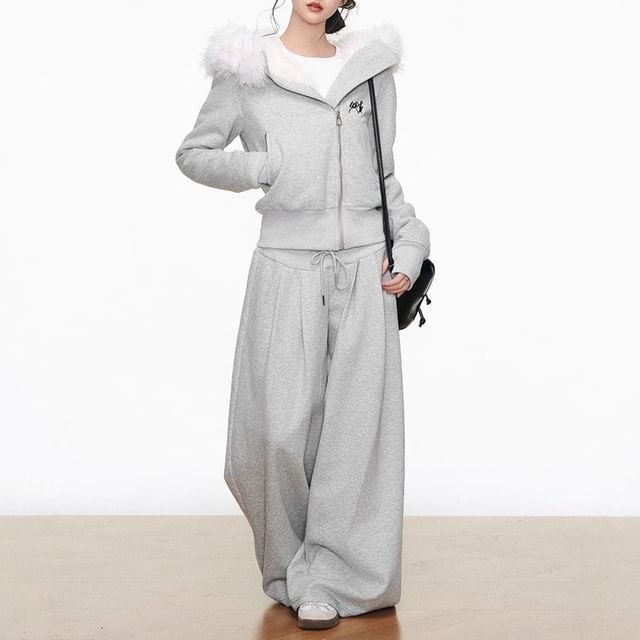 Melange Contrast Fluffy Trim Zip Hoodie / Drawstring Waist Wide Leg Pants