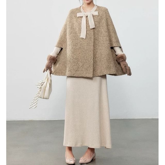 Round Neck Melange Cape / Long-Sleeve Bow Midi A-Line Knit Dress