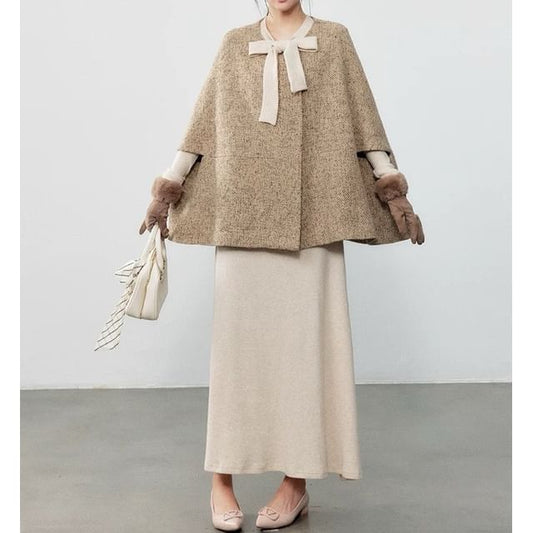 Round Neck Melange Cape / Long-Sleeve Bow Midi A-Line Knit Dress