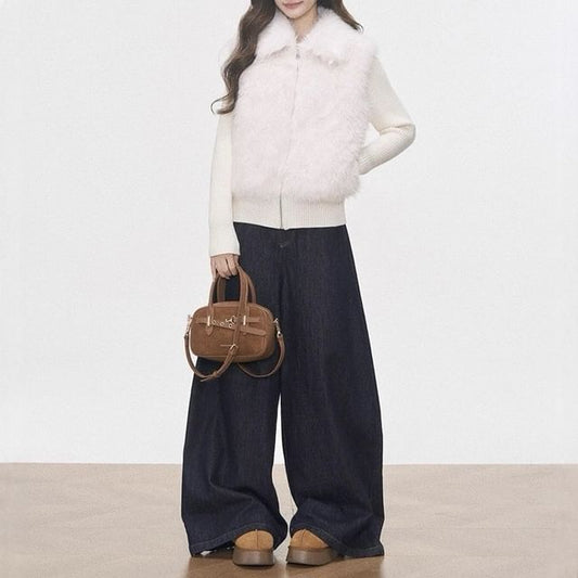 Collar Fluffy Panel Zip Cardigan / High Rise Wide Leg Jeans