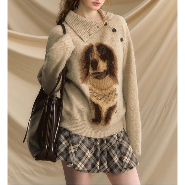 Collar Asymmetrical Henley Dog Jacquard Sweater