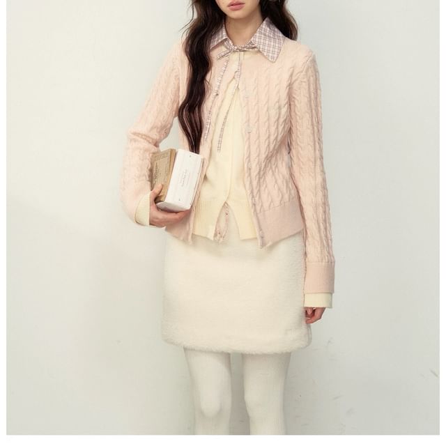 Mock Two-Piece Plaid Collar Bow Cable Knit Cardigan