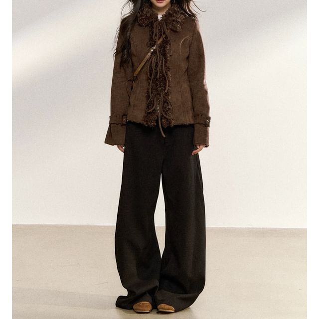 Collar Fluffy Trim Tie Front Jacket