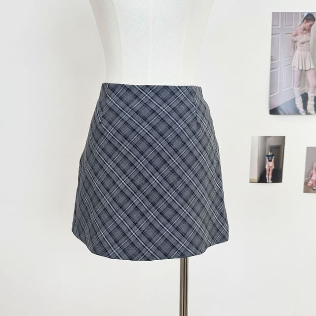 Notch Lapel Plaid Panel Cropped Double-Breasted Trench Jacket / High Waist Mini A-Line Skirt