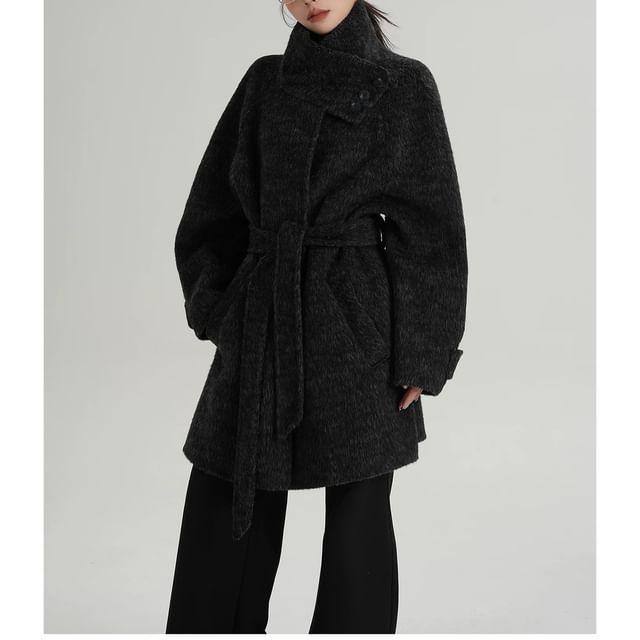 Stand Collar Fluffy Sashed Coat