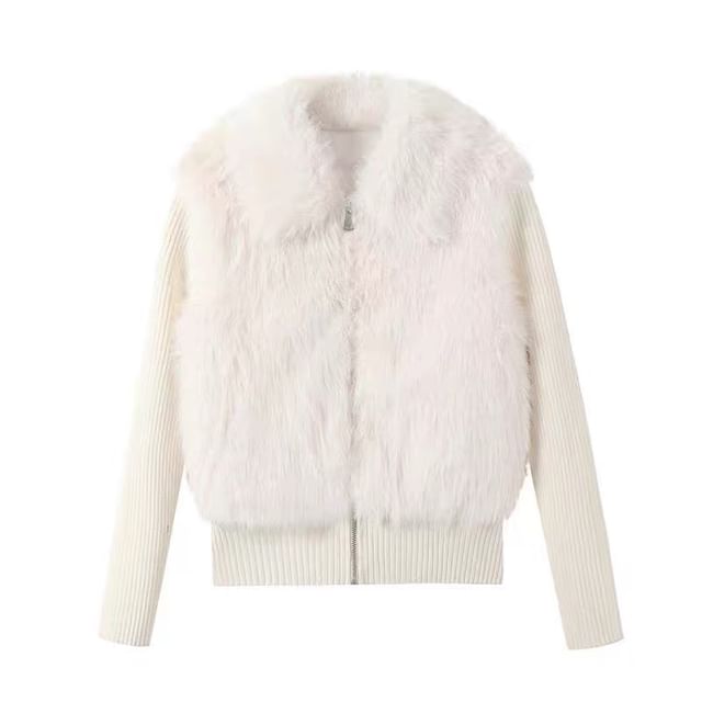 Collar Fluffy Panel Zip Cardigan / High Rise Wide Leg Jeans