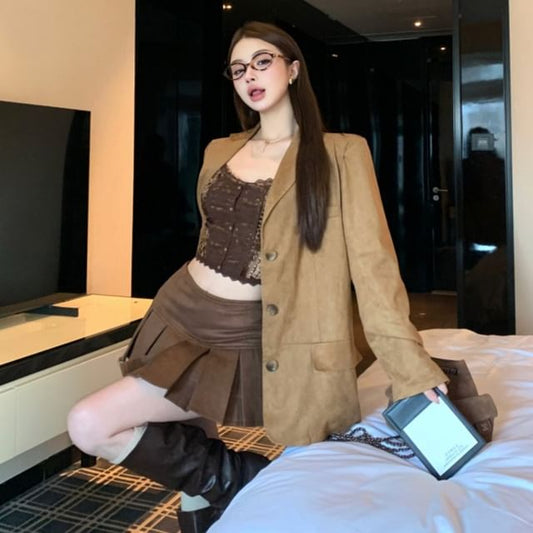 Scoop Neck Crop Camisole Blazer and Mini Pleated Skirt