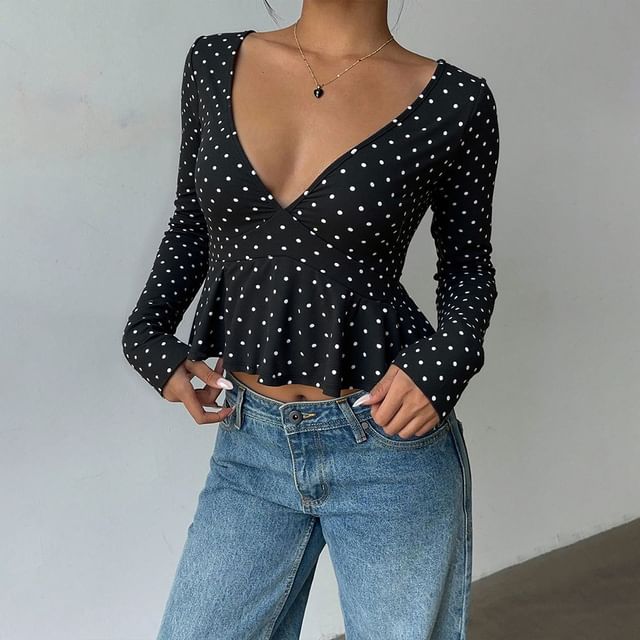 Polka Dot Peplum Crop Top with V-Neck & Long Sleeves