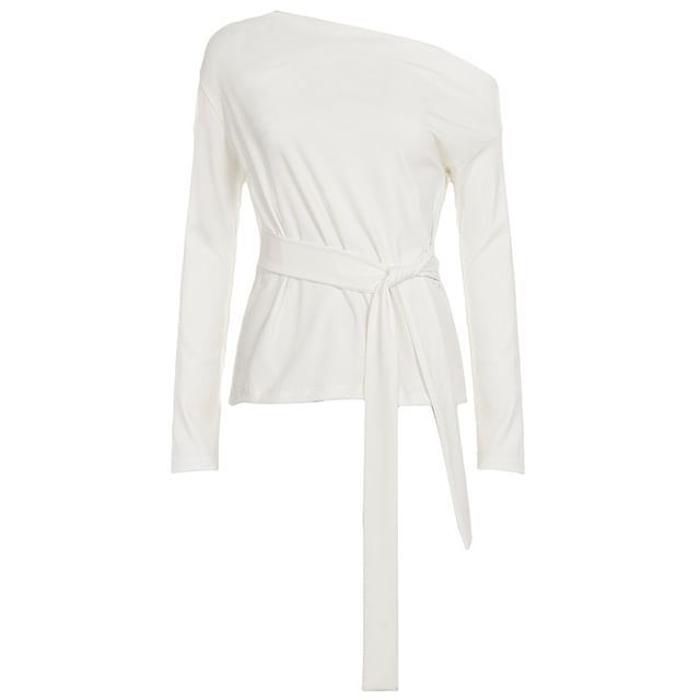 Off-Shoulder Plain Tie-Waist T-Shirt with Long Sleeves