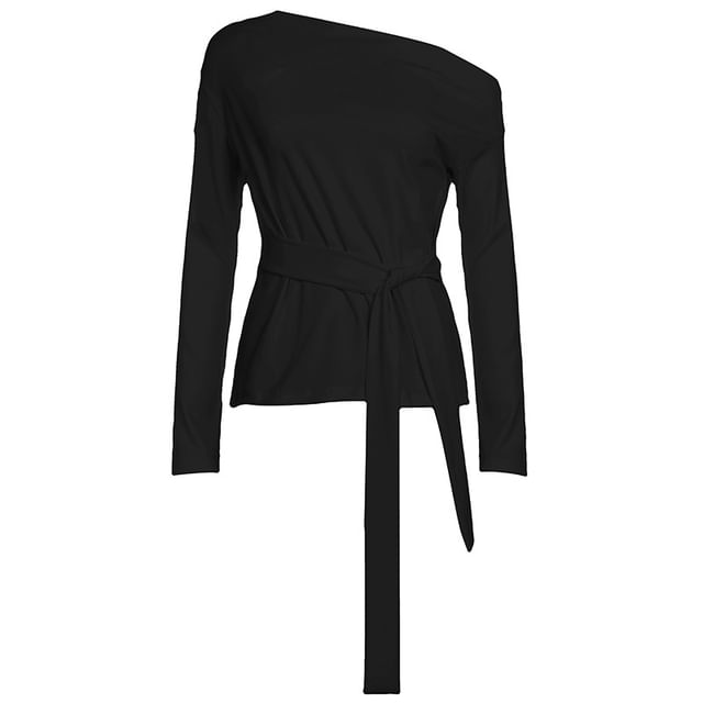 Off-Shoulder Plain Tie-Waist T-Shirt with Long Sleeves