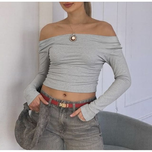 Off-Shoulder Slim Cropped T-Shirt with Long Sleeves