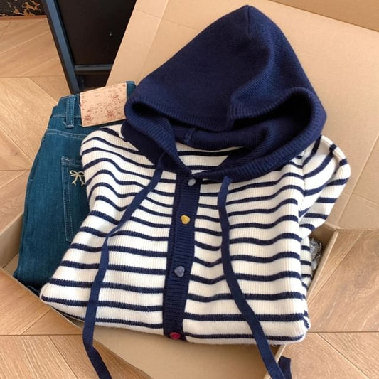 Striped Drawstring Hooded Cardigan