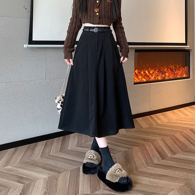High Waist Plain Midi A-Line Skirt