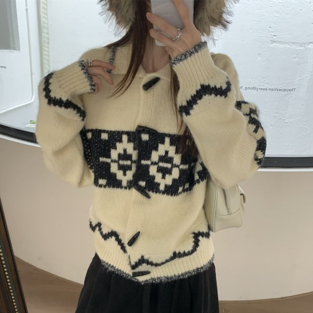 Collared Jacquard Toggle Cardigan