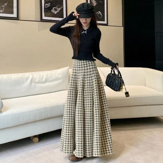Knit Top and Plaid Maxi A-Line Skirt Long-Sleeve