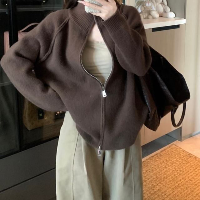 Zip-Up Plain Cardigan