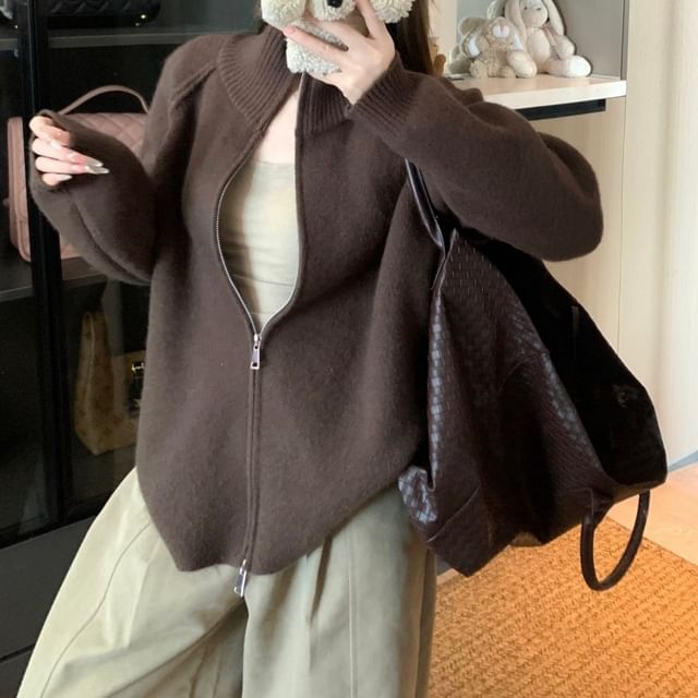 Zip-Up Plain Cardigan