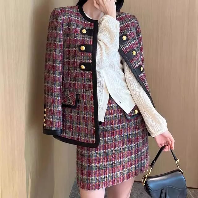 Crew Neck Faux Leather Panel Tweed Jacket and Mini A-Line Skirt