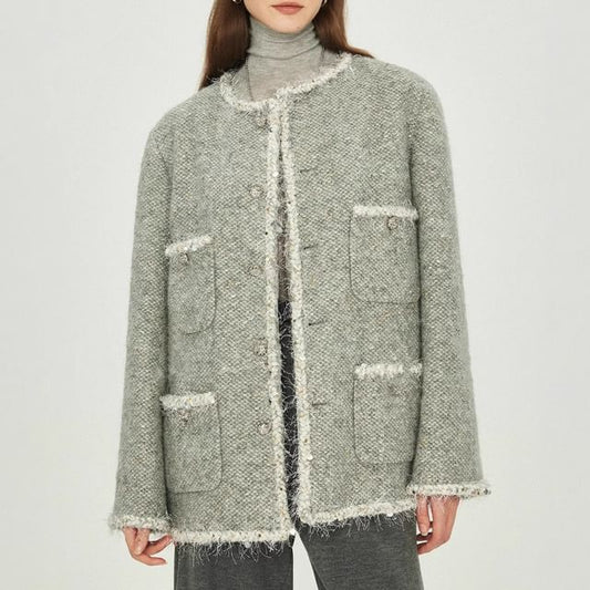 Crew Neck Fringed Button-Up Tweed Jacket