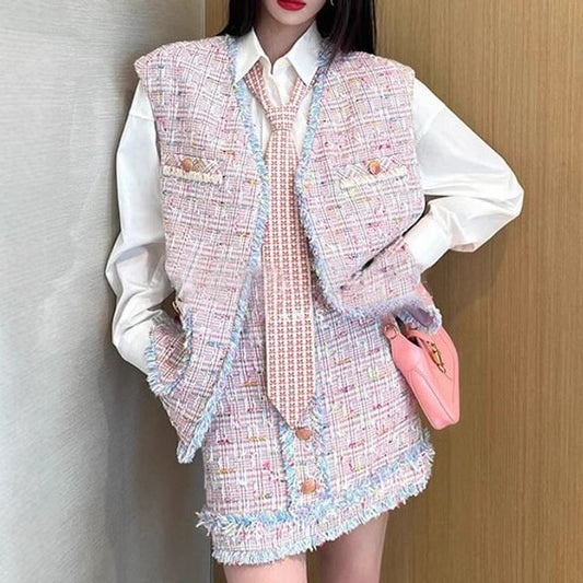 V-Neck Fringed Open Front Tweed Vest / Sleeveless Notch Neck Mini Shift Dress / High Rise Mini A-Line Skirt / Shorts