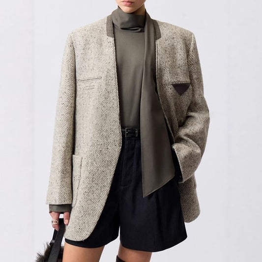 V-Neck One-Buttoned Tweed Oversized Blazer