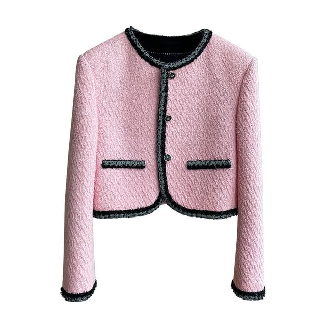 Crew Neck Contrast Trim Button-Up Tweed Crop Jacket