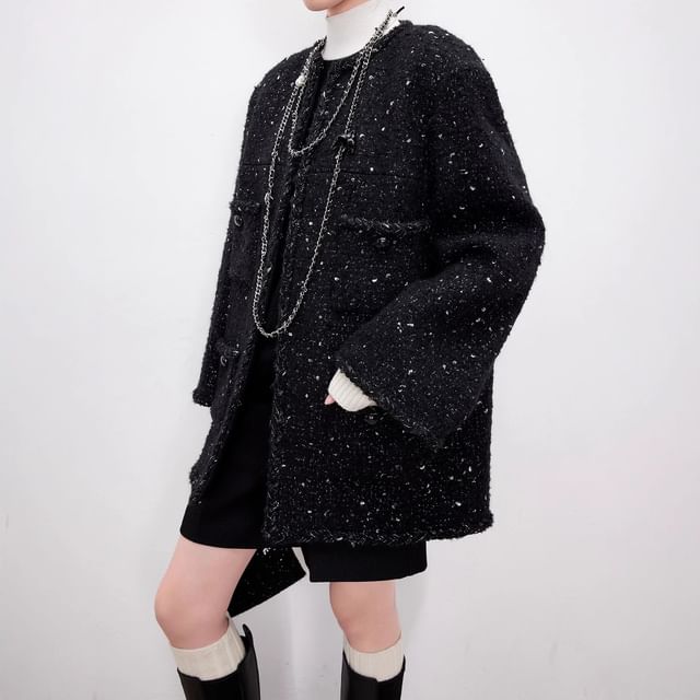 Crew Neck Braided Trim Open Front Tweed Jacket