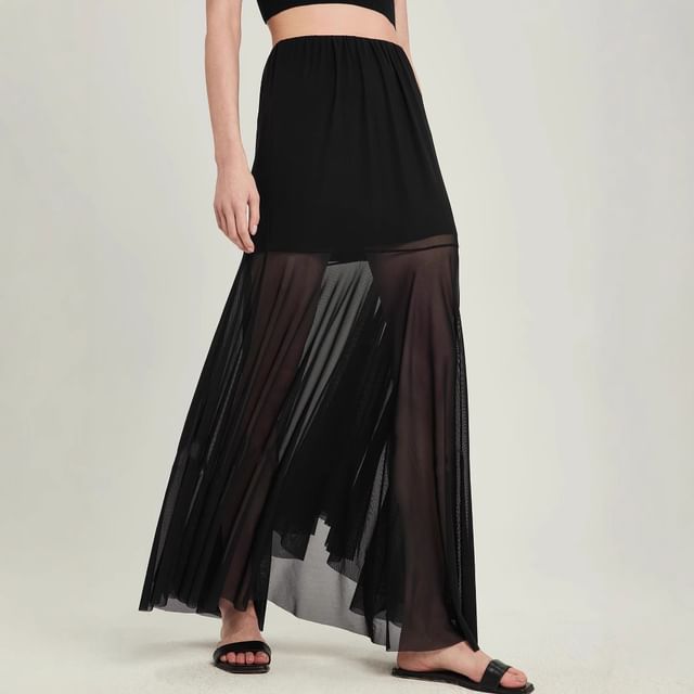 Mesh Panel See-Through Maxi A-Line Skirt with High Waist