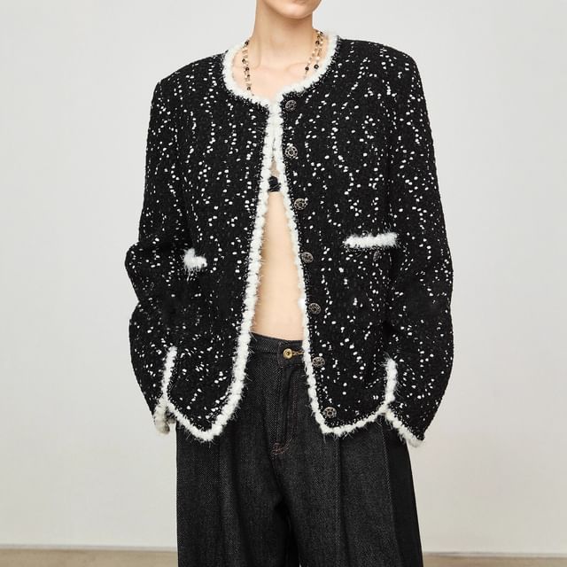 Crew Neck Contrast Trim Button-Up Tweed Jacket